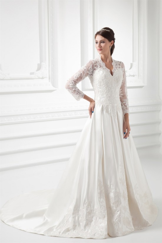 Satin Lace Fine Netting 3/4 Length Sleeve V-Neck New Arrival Wedding Dresses 2031269 Satin Lace Fine Netting 3/4 Length Sleeve V-Neck New Arrival Wedding Dresses 2031269