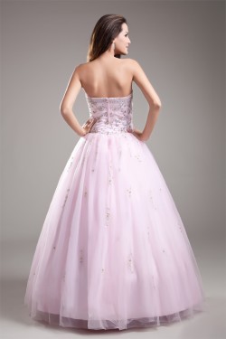 Satin Fine Netting Floor-Length Strapless Beaded Wedding Dresses 2031270