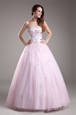 Satin Fine Netting Floor-Length Strapless Beaded Wedding Dresses 2031270