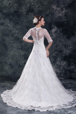 Satin Lace A-Line V-Neck Half Elbow Sleeve Sweet Wedding Dresses 2031272