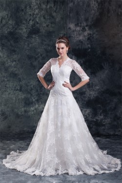 Satin Lace A-Line V-Neck Half Elbow Sleeve Sweet Wedding Dresses 2031272