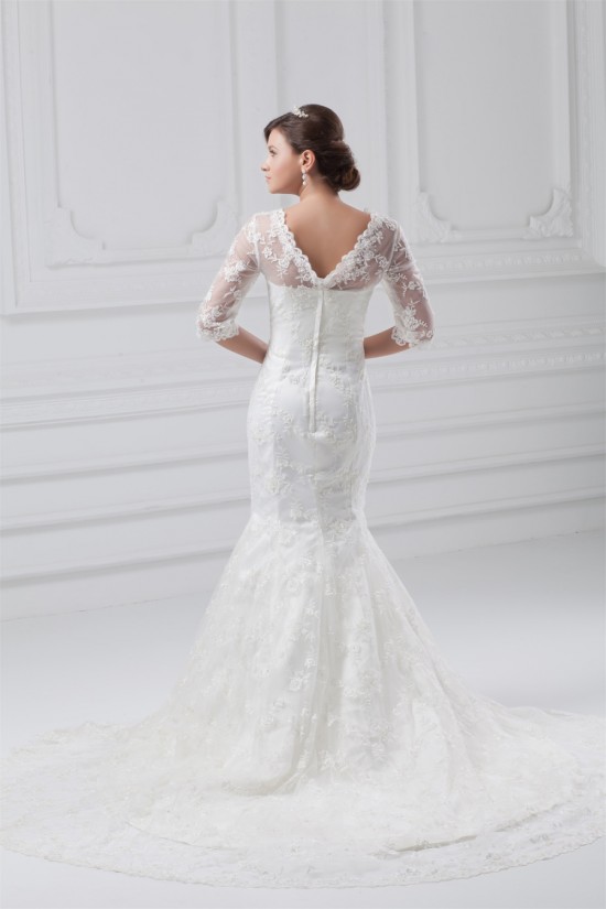 Satin Lace Half Elbow Sleeve Mermaid/Trumpet Most Beautiful Wedding Dresses 2031273