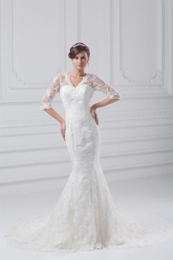 Satin Lace Half Elbow Sleeve Mermaid/Trumpet Most Beautiful Wedding Dresses 2031273