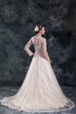 Satin Lace Long Sleeve A-Line High-Neck New Arrival Wedding Dresses 2031274