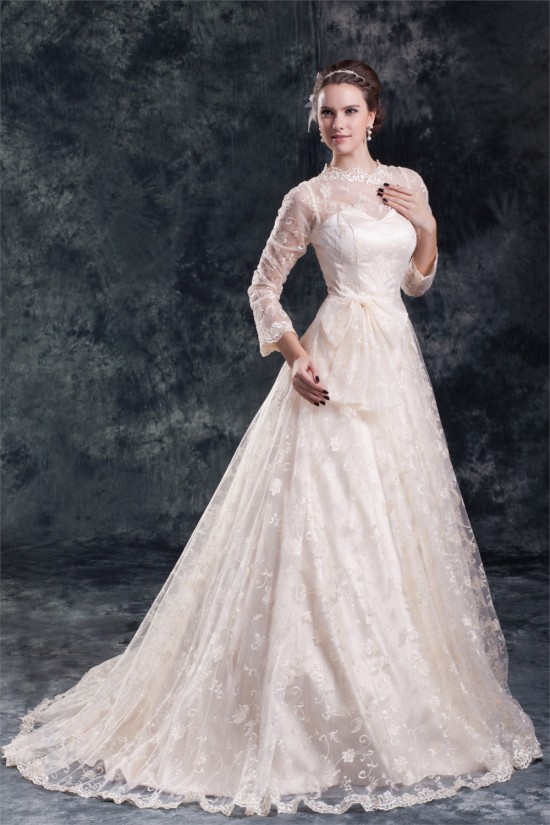 Satin Lace Long Sleeve A-Line High-Neck New Arrival Wedding Dresses 2031274 Satin Lace Long Sleeve A-Line High-Neck New Arrival Wedding Dresses 2031274