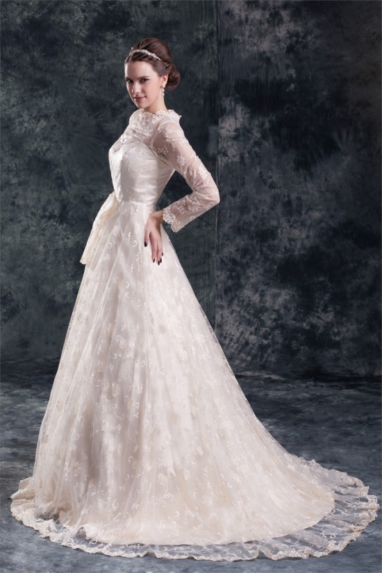 Satin Lace Long Sleeve A-Line High-Neck New Arrival Wedding Dresses 2031274 Satin Lace Long Sleeve A-Line High-Neck New Arrival Wedding Dresses 2031274
