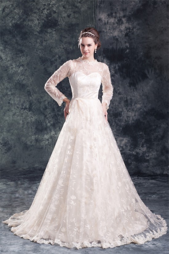 Satin Lace Long Sleeve A-Line High-Neck New Arrival Wedding Dresses 2031274 Satin Lace Long Sleeve A-Line High-Neck New Arrival Wedding Dresses 2031274