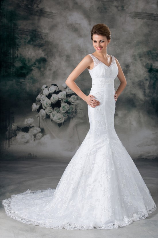 Satin Lace Mermaid/Trumpet V-Neck New Arrival Wedding Dresses 2031278