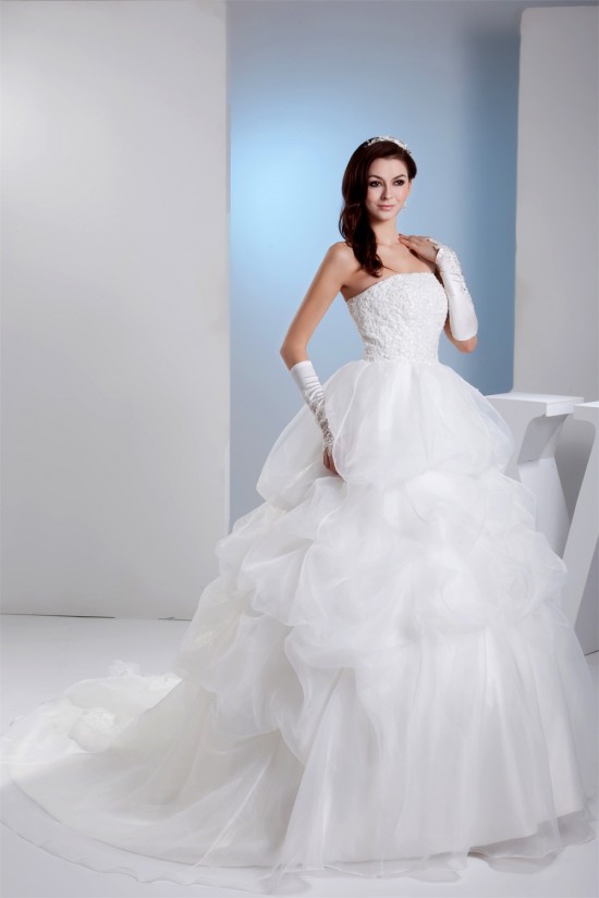 Ball Gown Strapless Chapel Train Lace Wedding Dresses 2030128