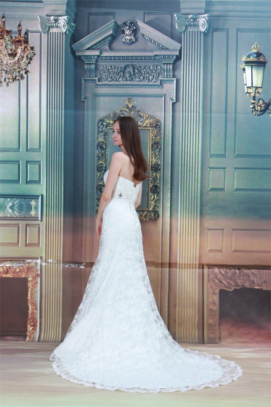 Satin Lace Sleeveless Sheath/Column Strapless Wedding Dresses 2031281