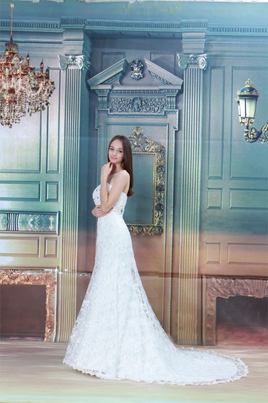 Satin Lace Sleeveless Sheath/Column Strapless Wedding Dresses 2031281