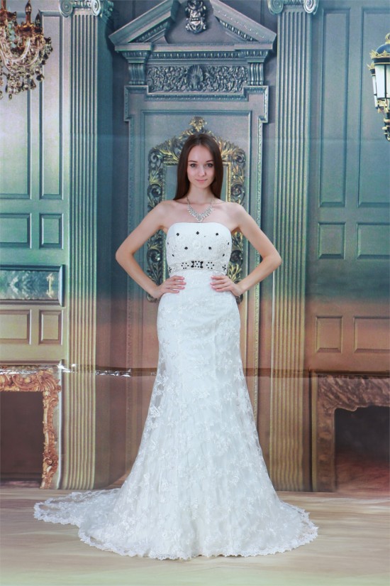 Satin Lace Sleeveless Sheath/Column Strapless Wedding Dresses 2031281 Satin Lace Sleeveless Sheath/Column Strapless Wedding Dresses 2031281