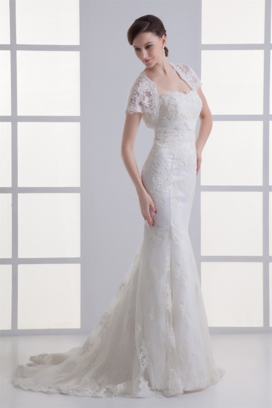 Satin Lace Sweetheart Mermaid/Trumpet Short Sleeve Wedding Dresses with Jacket 2031282 Satin Lace Sweetheart Mermaid/Trumpet Short Sleeve Wedding Dresses with Jacket 2031282