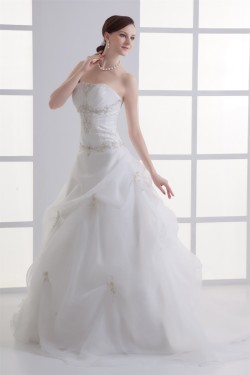 Satin Organza Sleeveless Ball Gown Strapless Embellished Wedding Dresses 2031293