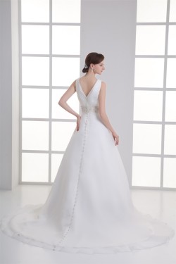 A-Line Satin Organza Sleeveless V-Neck Beaded Wedding Dresses 2031294