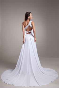 Sheath/Column Chiffon Silk like Satin One-Shoulder Beaded Wedding Dresses 2031307