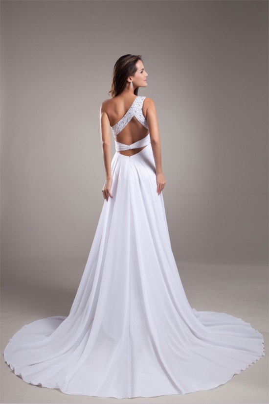 Sheath/Column Chiffon Silk like Satin One-Shoulder Beaded Wedding Dresses 2031307 Sheath/Column Chiffon Silk like Satin One-Shoulder Beaded Wedding Dresses 2031307