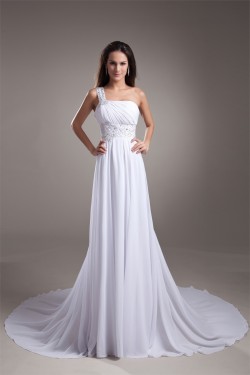 Sheath/Column Chiffon Silk like Satin One-Shoulder Beaded Wedding Dresses 2031307