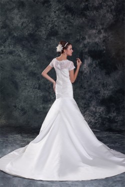 Short Sleeve Mermaid/Trumpet Bateau Satin Lace Beautiful Wedding Dresses 2031312