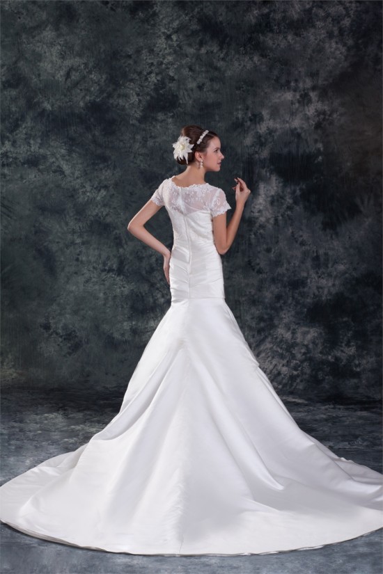 Short Sleeve Mermaid/Trumpet Bateau Satin Lace Beautiful Wedding Dresses 2031312 Short Sleeve Mermaid/Trumpet Bateau Satin Lace Beautiful Wedding Dresses 2031312