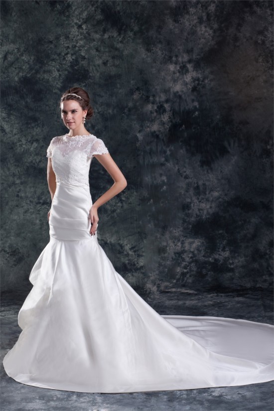 Short Sleeve Mermaid/Trumpet Bateau Satin Lace Beautiful Wedding Dresses 2031312 Short Sleeve Mermaid/Trumpet Bateau Satin Lace Beautiful Wedding Dresses 2031312