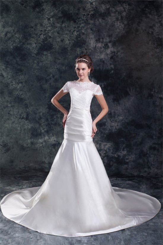 Short Sleeve Mermaid/Trumpet Bateau Satin Lace Beautiful Wedding Dresses 2031312 Short Sleeve Mermaid/Trumpet Bateau Satin Lace Beautiful Wedding Dresses 2031312