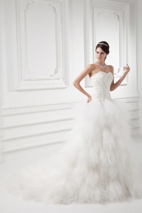 Sleeveless A-Line Strapless Satin Fine Netting Beaded Lace Wedding Dresses 2031315