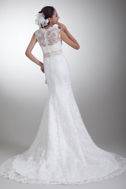 Sleeveless Bateau Satin Lace Mermaid/Trumpet Sweet Wedding Dresses 2031320