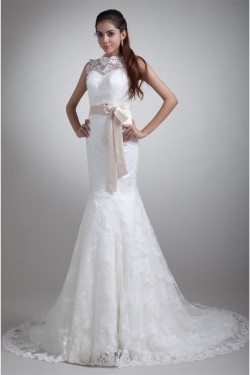 Sleeveless Bateau Satin Lace Mermaid/Trumpet Sweet Wedding Dresses 2031320