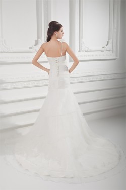 Sleeveless One-Shoulder A-Line Satin Organza Embellished Wedding Dresses 2031327