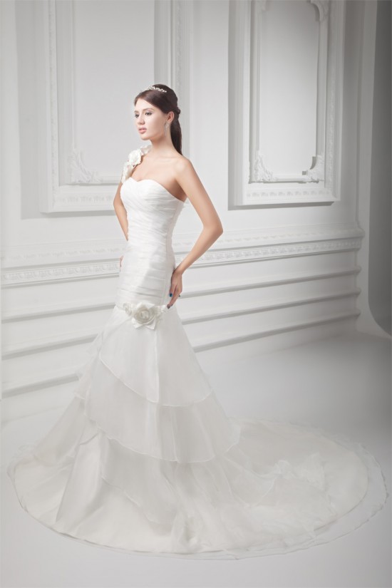 Sleeveless One-Shoulder A-Line Satin Organza Embellished Wedding Dresses 2031327
