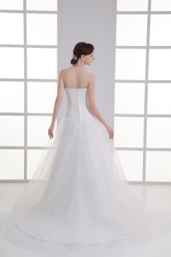 Sleeveless Satin Fine Netting A-Line Strapless Beaded Wedding Dresses 2031330