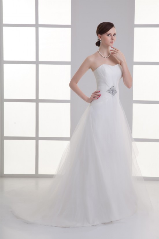 Sleeveless Satin Fine Netting A-Line Strapless Beaded Wedding Dresses 2031330