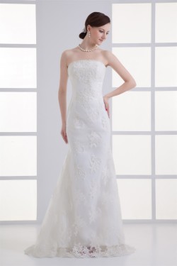Sleeveless Satin Lace Mermaid/Trumpet Strapless Wedding Dresses 2031332