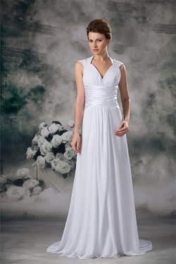Sleeveless Sheath/Column Cowl Chiffon Elastic Woven Satin Wedding Dresses 2031337