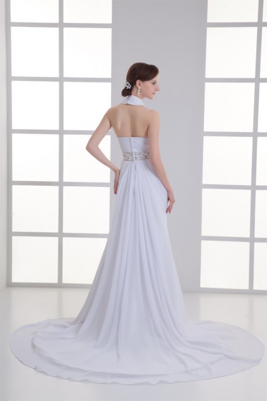 Sleeveless Sheath/Column High-Neck Chiffon Beaded Wedding Dresses 2031339