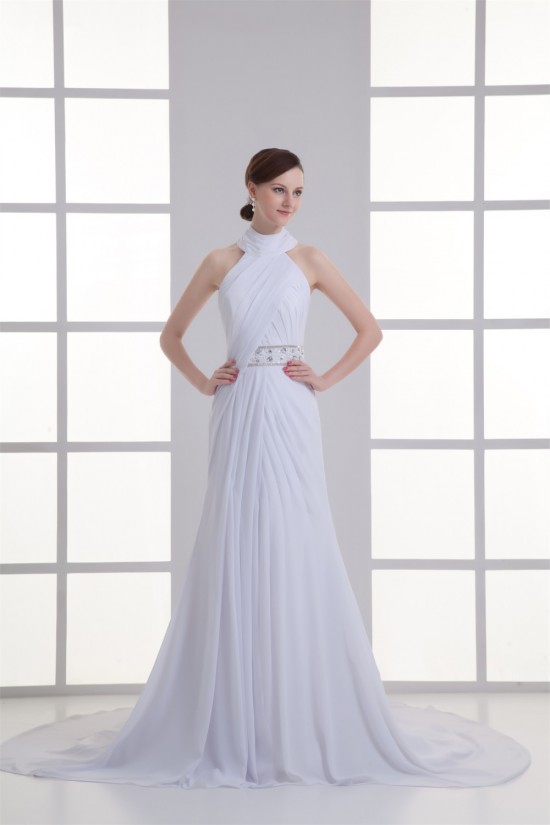 Sleeveless Sheath/Column High-Neck Chiffon Beaded Wedding Dresses 2031339