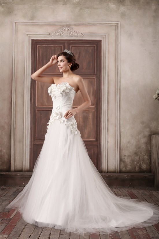 Sleeveless Strapless A-Line Satin Lace Fine Netting Embellished Wedding Dresses 2031348 Sleeveless Strapless A-Line Satin Lace Fine Netting Embellished Wedding Dresses 2031348