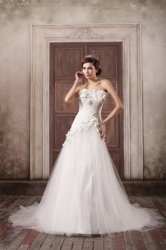 Sleeveless Strapless A-Line Satin Lace Fine Netting Embellished Wedding Dresses 2031348 Sleeveless Strapless A-Line Satin Lace Fine Netting Embellished Wedding Dresses 2031348