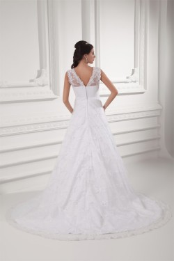 Sleeveless V-Neck Satin Lace A-Line Embellished Wedding Dresses 2031359