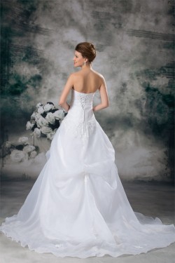 Strapless Satin Organza Sleeveless A-Line Lace Wedding Dresses 2031369