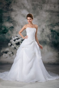 Strapless Satin Organza Sleeveless A-Line Lace Wedding Dresses 2031369