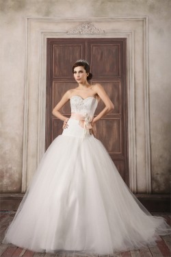 Sweetheart Ball Gown Satin Lace Fine Netting Sweet Wedding Dresses 2031381
