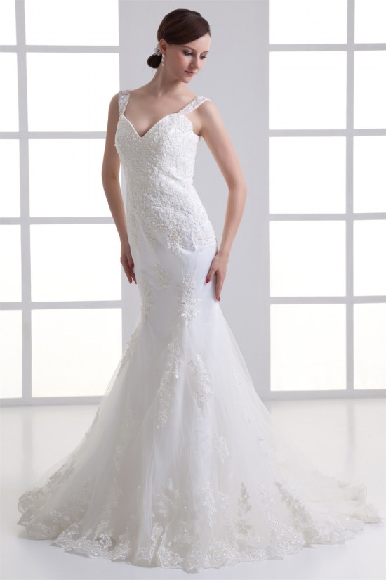 Sweetheart Sleeveless Satin Fine Netting Lace Embellished Wedding Dresses 2031393
