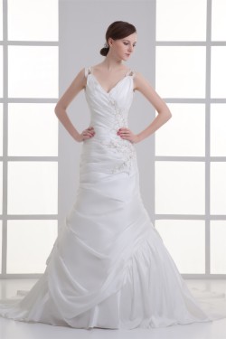Taffeta Sleeveless Mermaid/Trumpet V-Neck Beaded Wedding Dresses 2031403