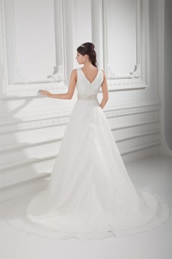 Unique Design V-Neck A-Line Sleeveless Satin Organza Beaded Wedding Dresses 2031412