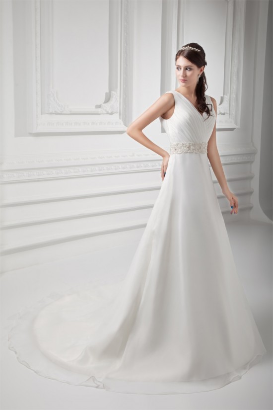Unique Design V-Neck A-Line Sleeveless Satin Organza Beaded Wedding Dresses 2031412