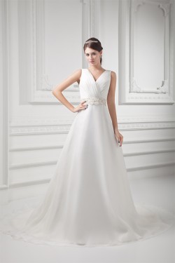 Unique Design V-Neck A-Line Sleeveless Satin Organza Beaded Wedding Dresses 2031412