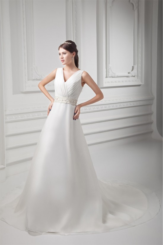 Unique Design V-Neck A-Line Sleeveless Satin Organza Beaded Wedding Dresses 2031412
