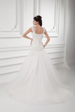 V-Neck Sleeveless A-Line Satin Fine Netting Lace Wedding Dresses 2031415